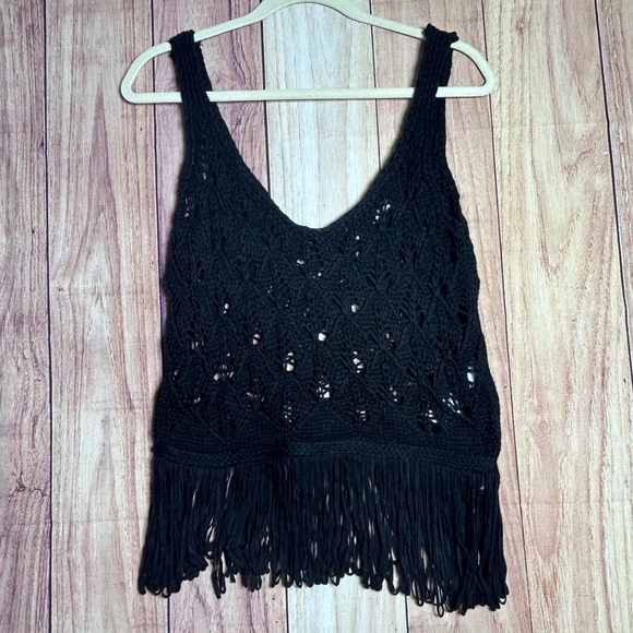 Zara Tops - Zara Crochet‎ Tank Top Women Small Black Fringe Pointelle Boho Festival